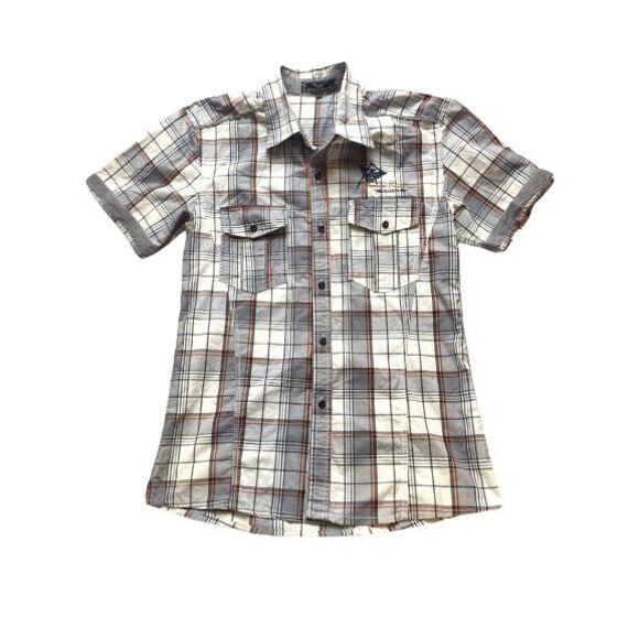 Giorgio Armani Shirt Adult Medium Gray Orange Plaid‎ Embroidered Button Up Mens - Picture 1 of 9